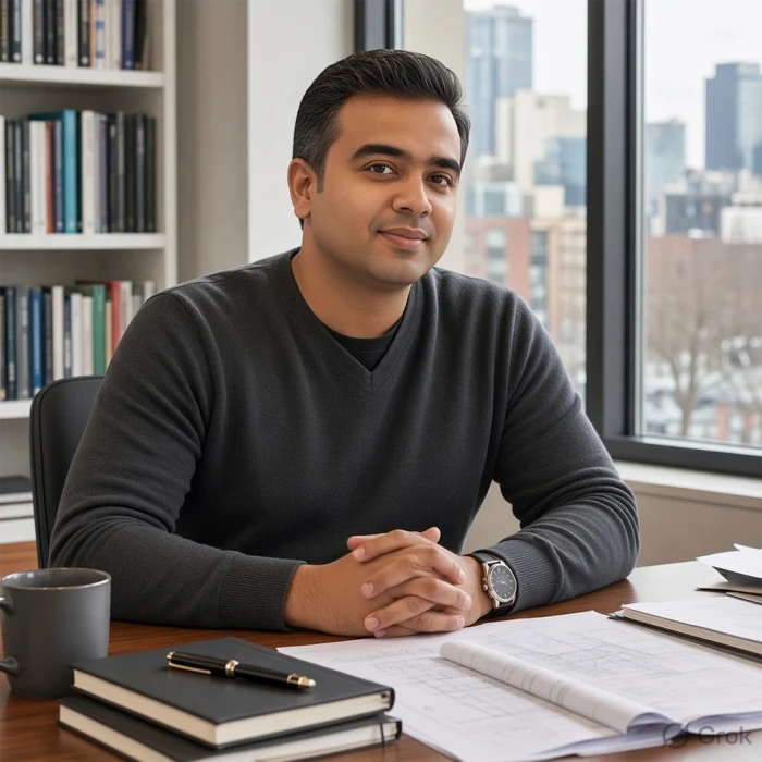 SrikaantH, founder of wwisermind, at his desk in a book-lined office