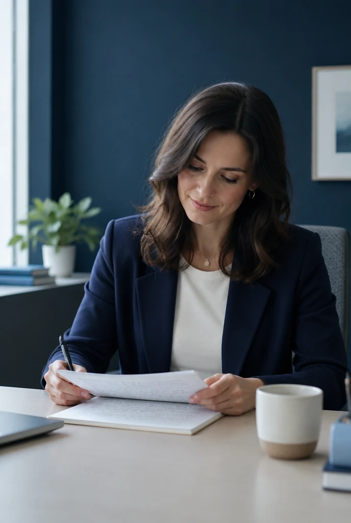 A therapist reviewing clinical notes at a minimal desk