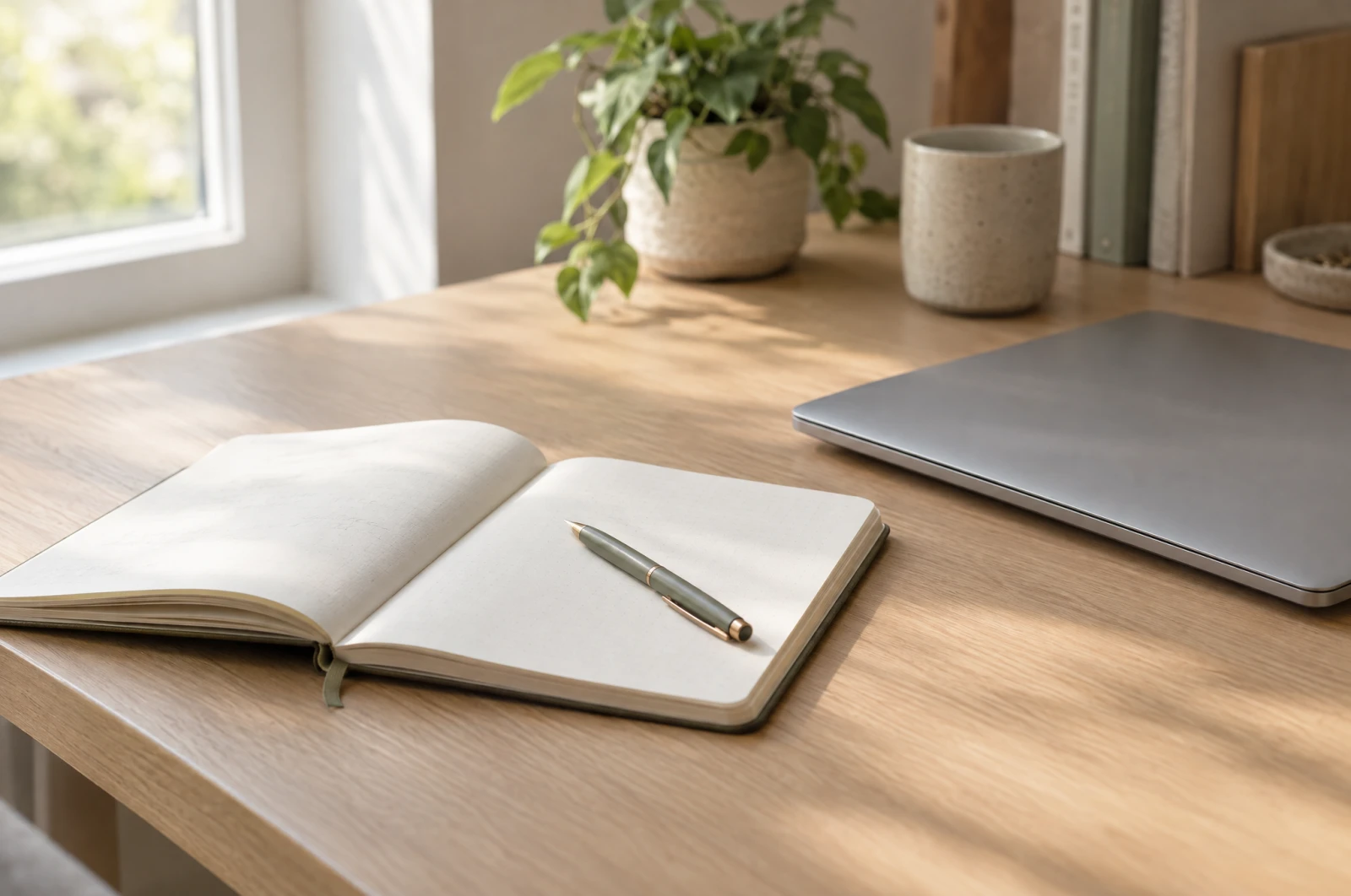 Open notebook and pen beside a closed laptop on a desk.