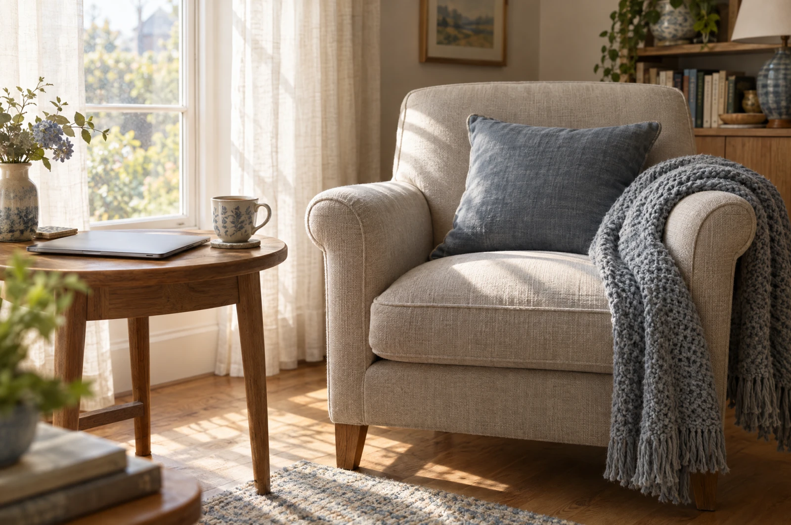 Armchair by a sunny window with a laptop resting on a side table.