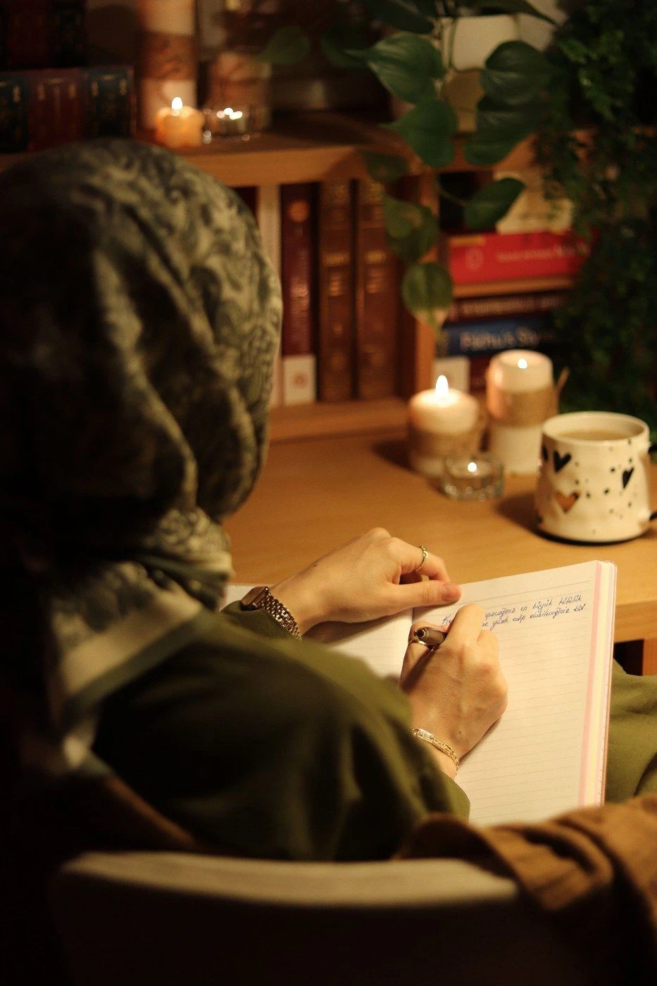 A woman writing in a notebook by candlelight