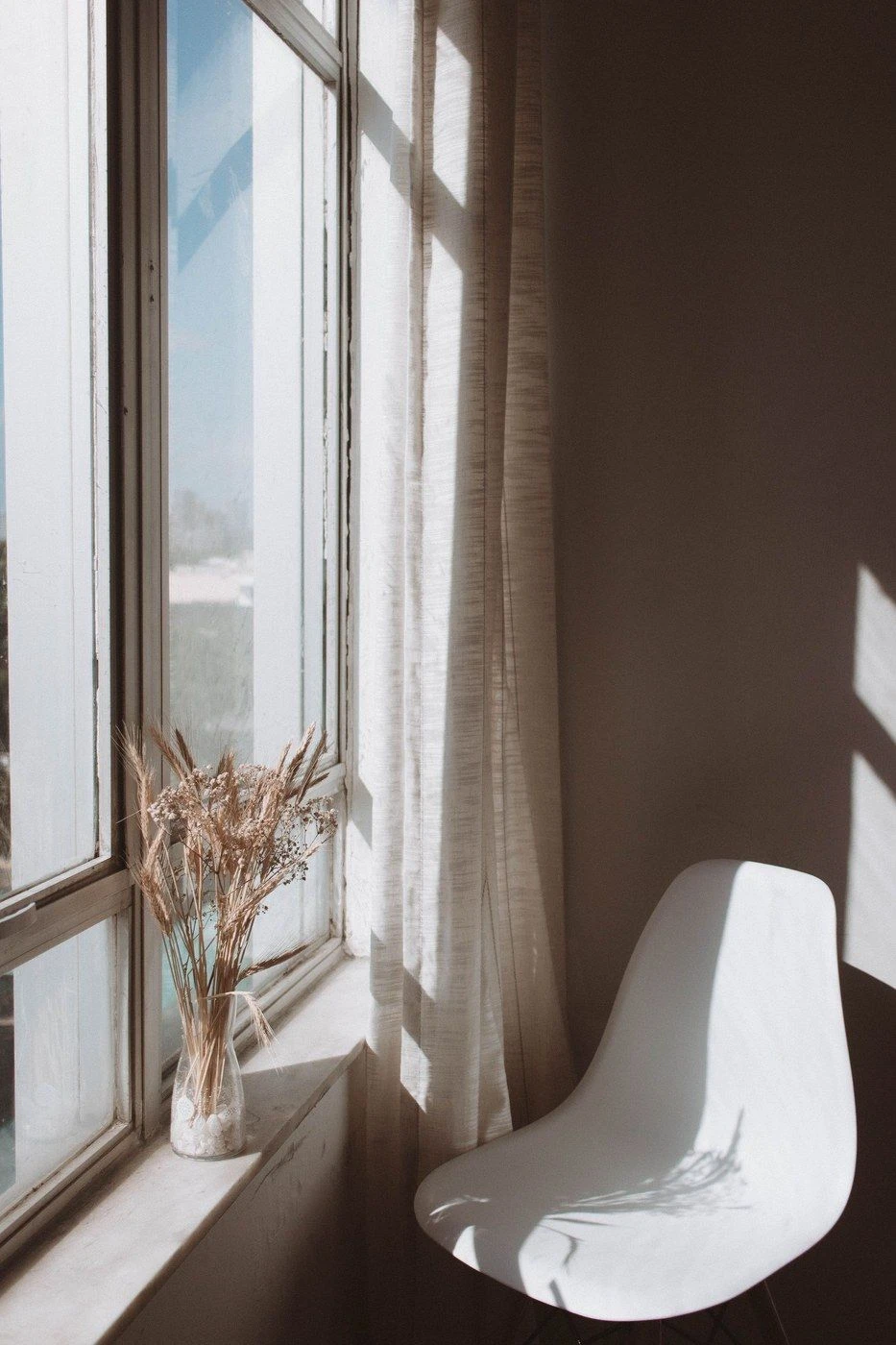 A white chair by a sunlit window with dried flowers